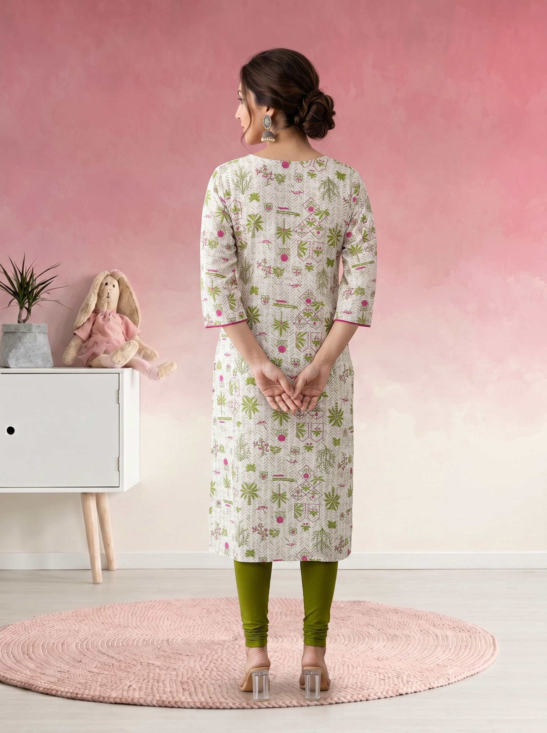 Off White Floral Print Rayon V Neck Straight Fit Knee Length Kurti