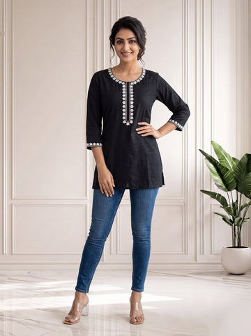 Jet Black Short Kurti in Rayon