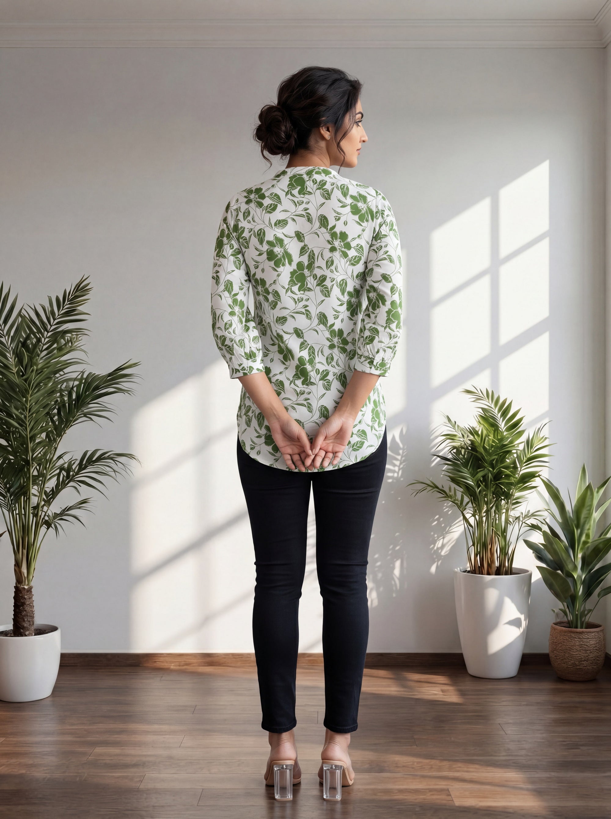Green Olive Floral Print Rayon V Neck Regular Shirt Top