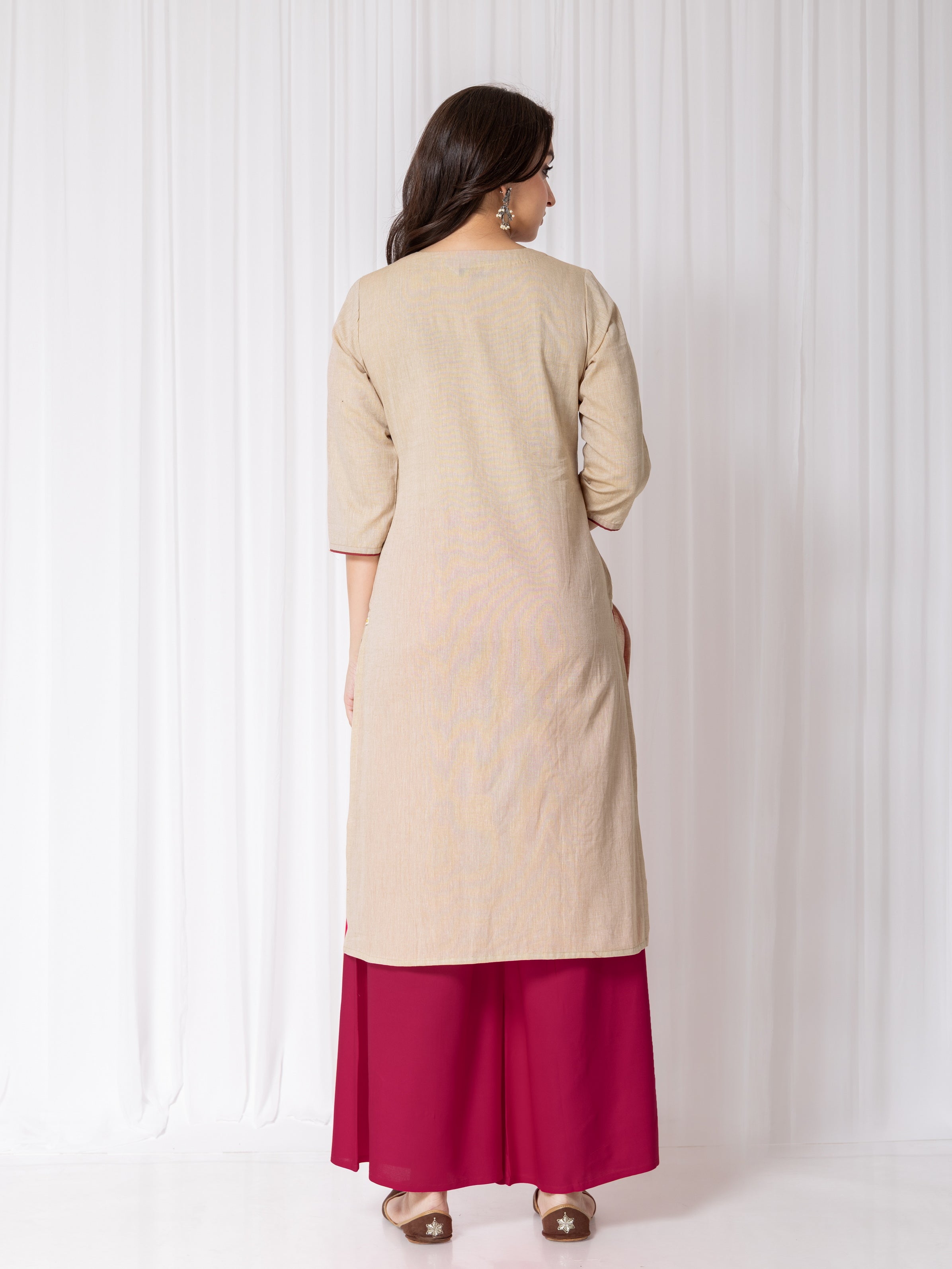 Golden Yellow Embroidery Mangalgiri Round Neck Regular Kurti