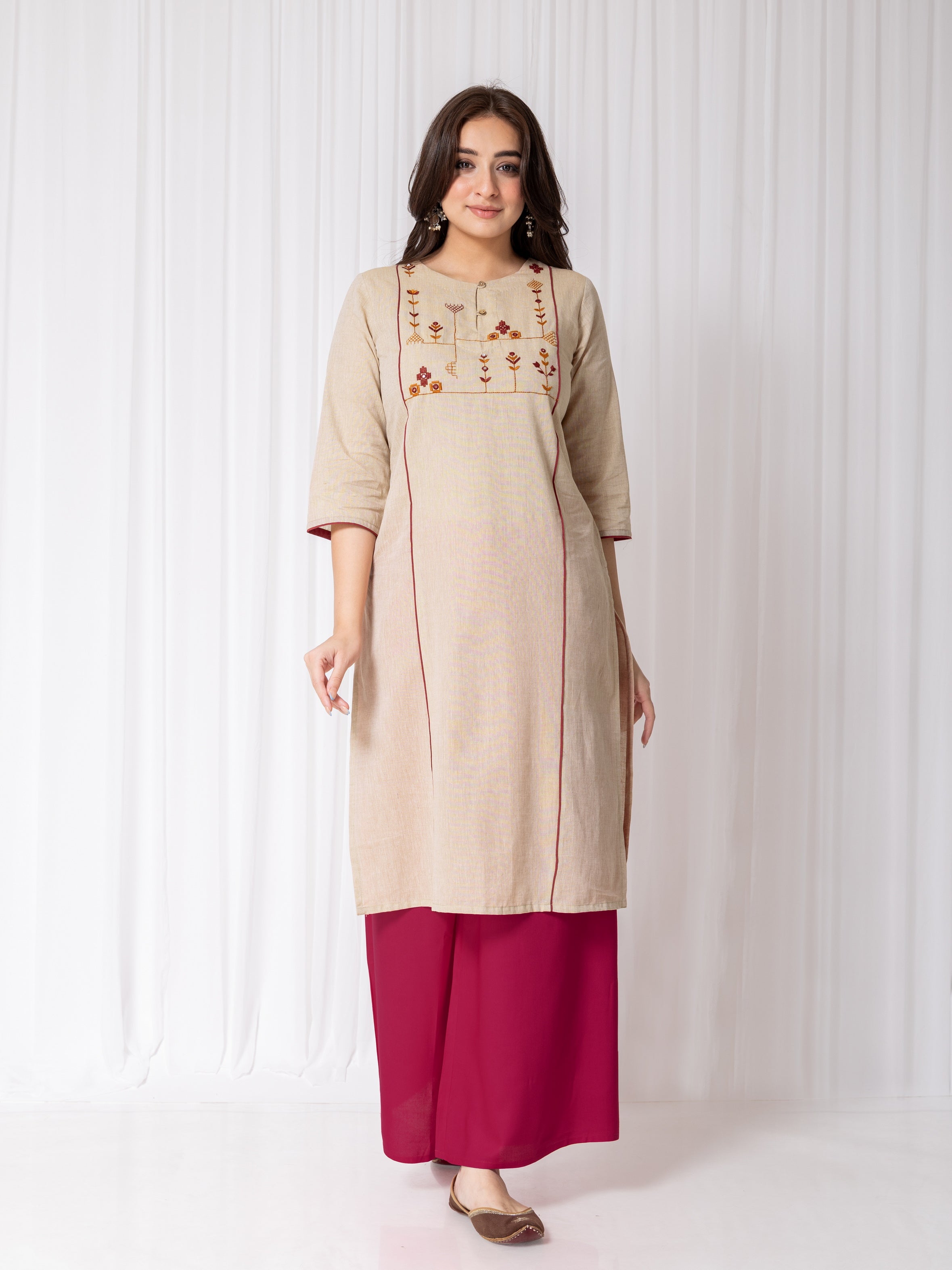 Golden Yellow Embroidery Mangalgiri Round Neck Regular Kurti