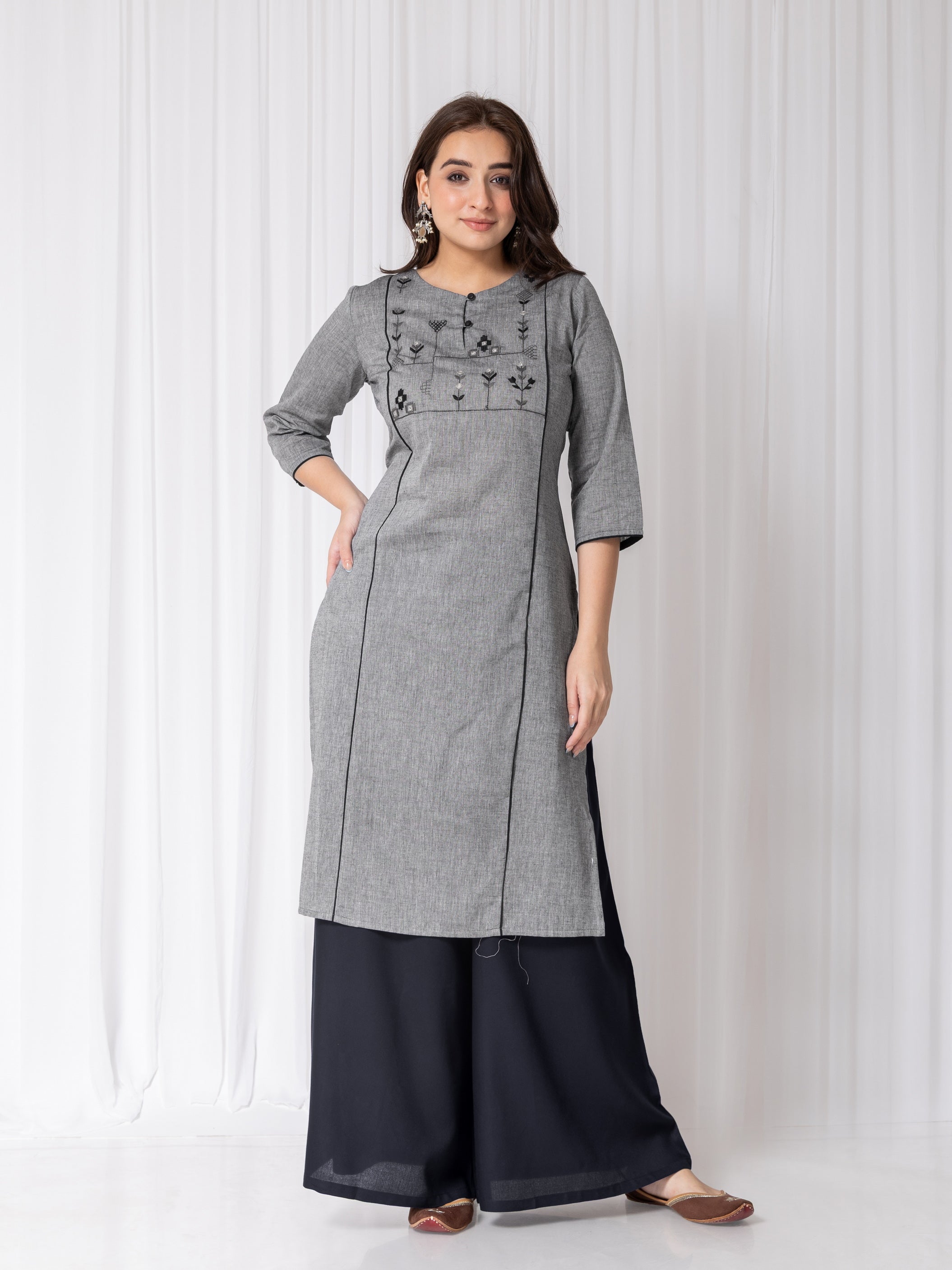 Grey Embroidery Mangalgiri Round Neck Regular Kurti