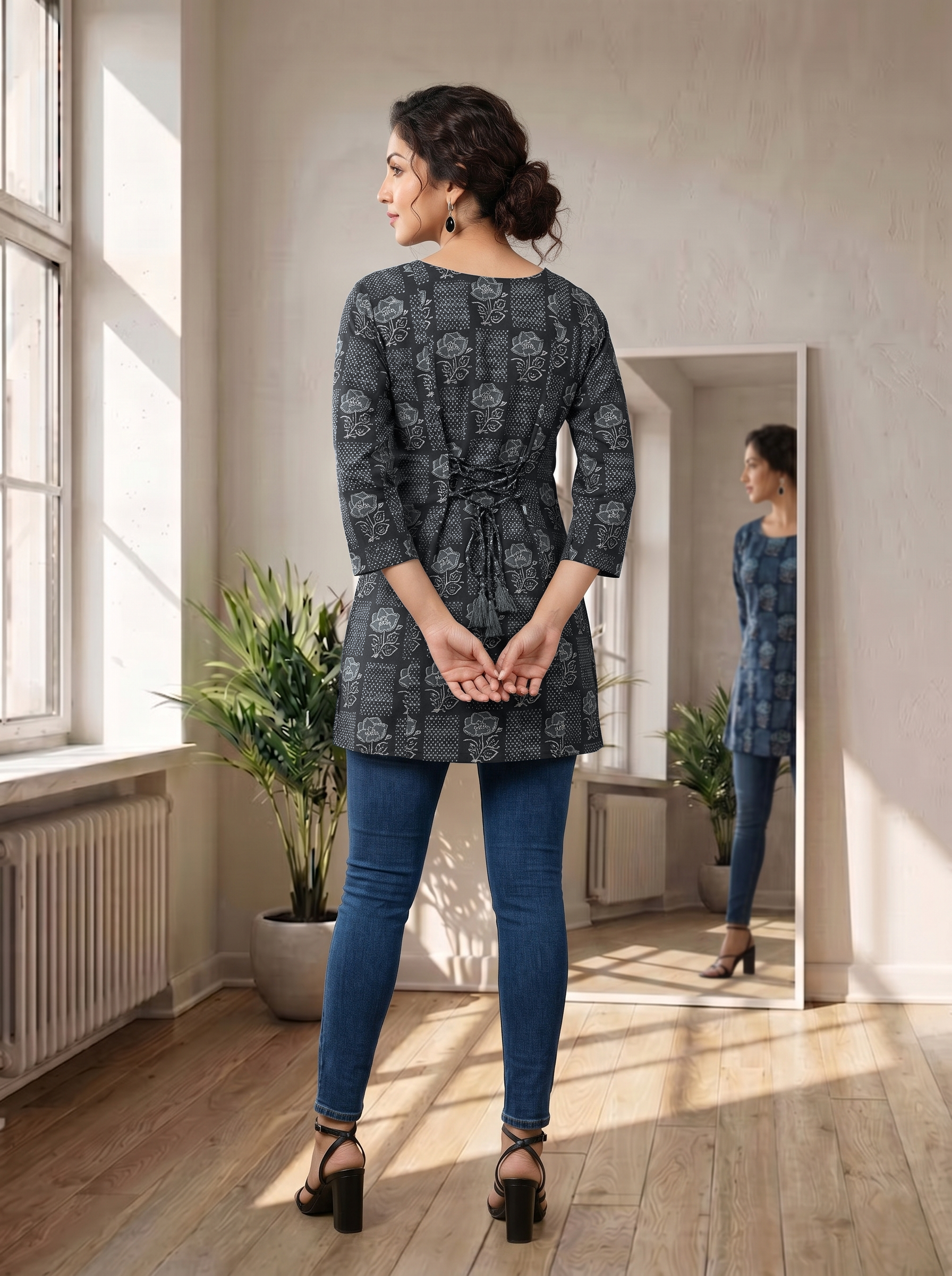 Black Viscose Silk Square Straight Fit Short Kurti