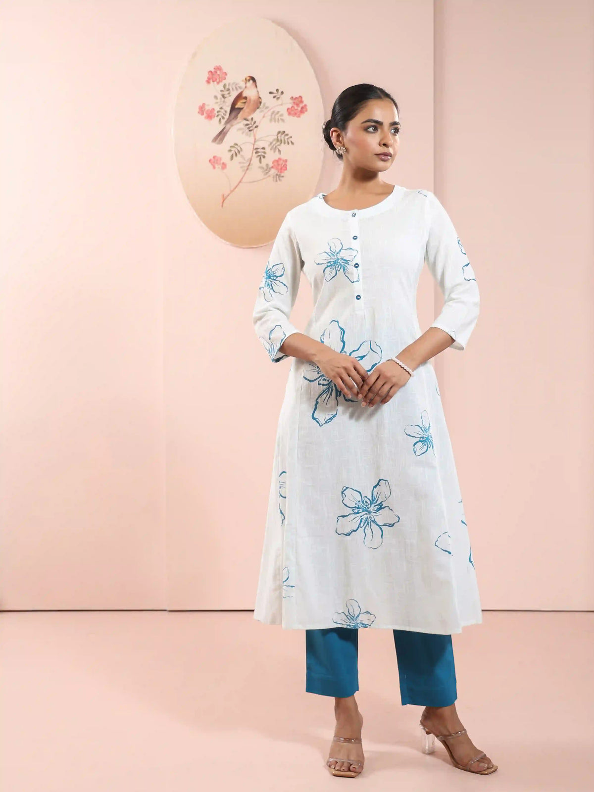 Women Bright Cobalt floral-printed-2pc-kalidar-kurta-set