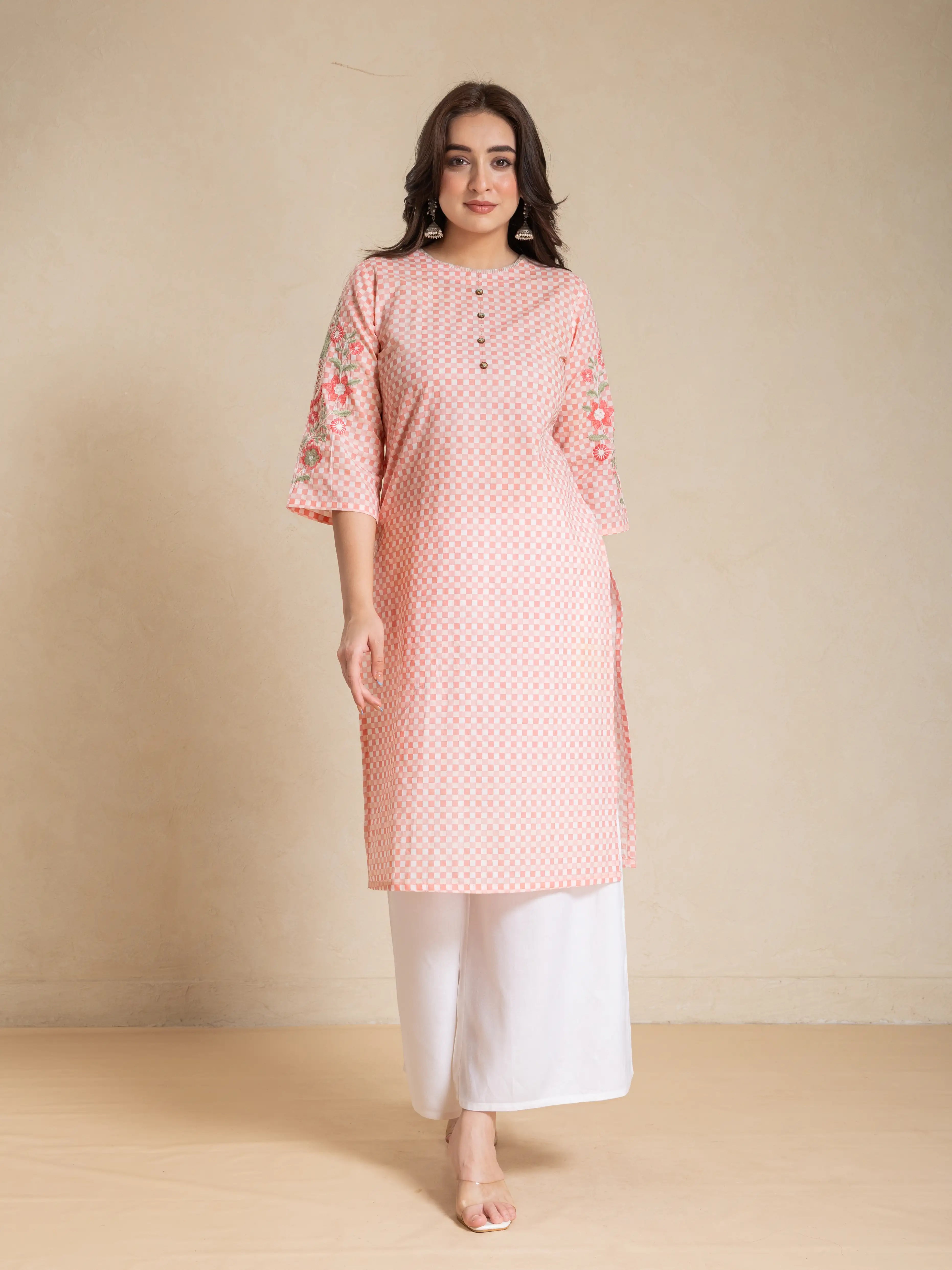 CHECKS PRINT EMBROIDERED STRAIGHT KURTI