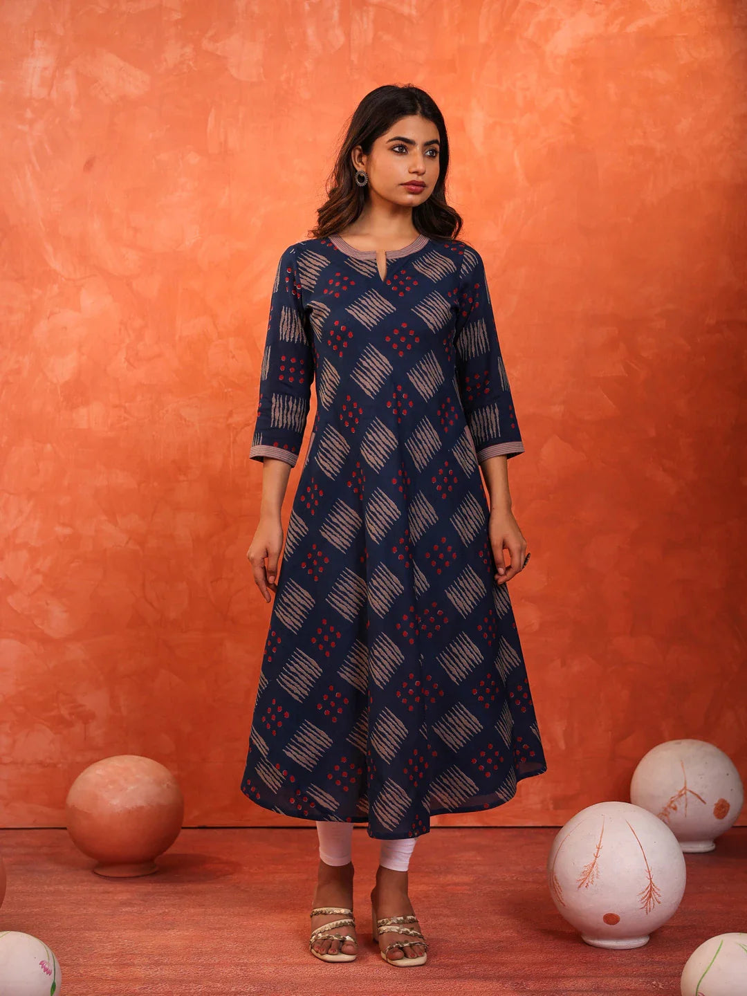 Women Indigo Blue Color dabu-printed-long-bias-dress