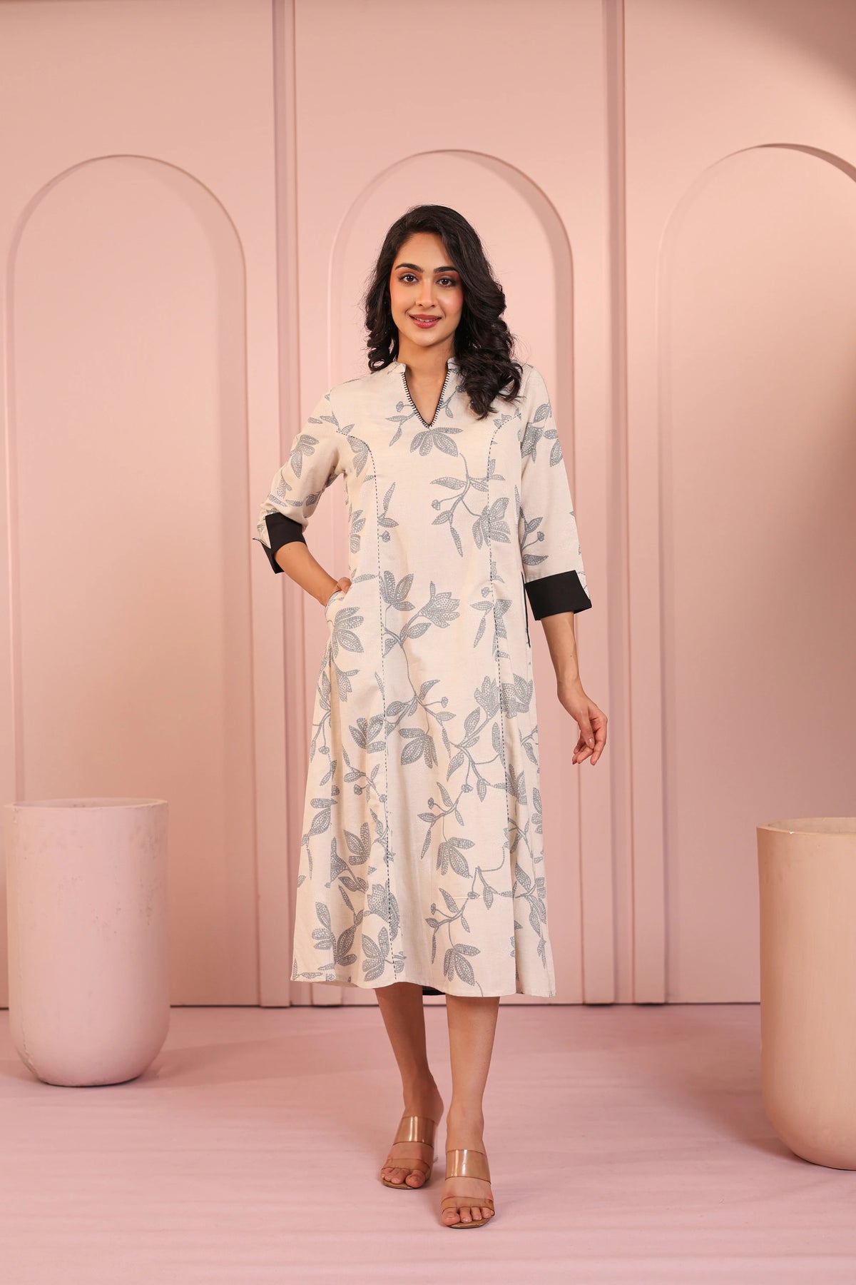 LINEN BLEND KHADI PRINTED FASHION WEAR DRESS EMBELLISHED WITH HAND CRAFT DETAIL