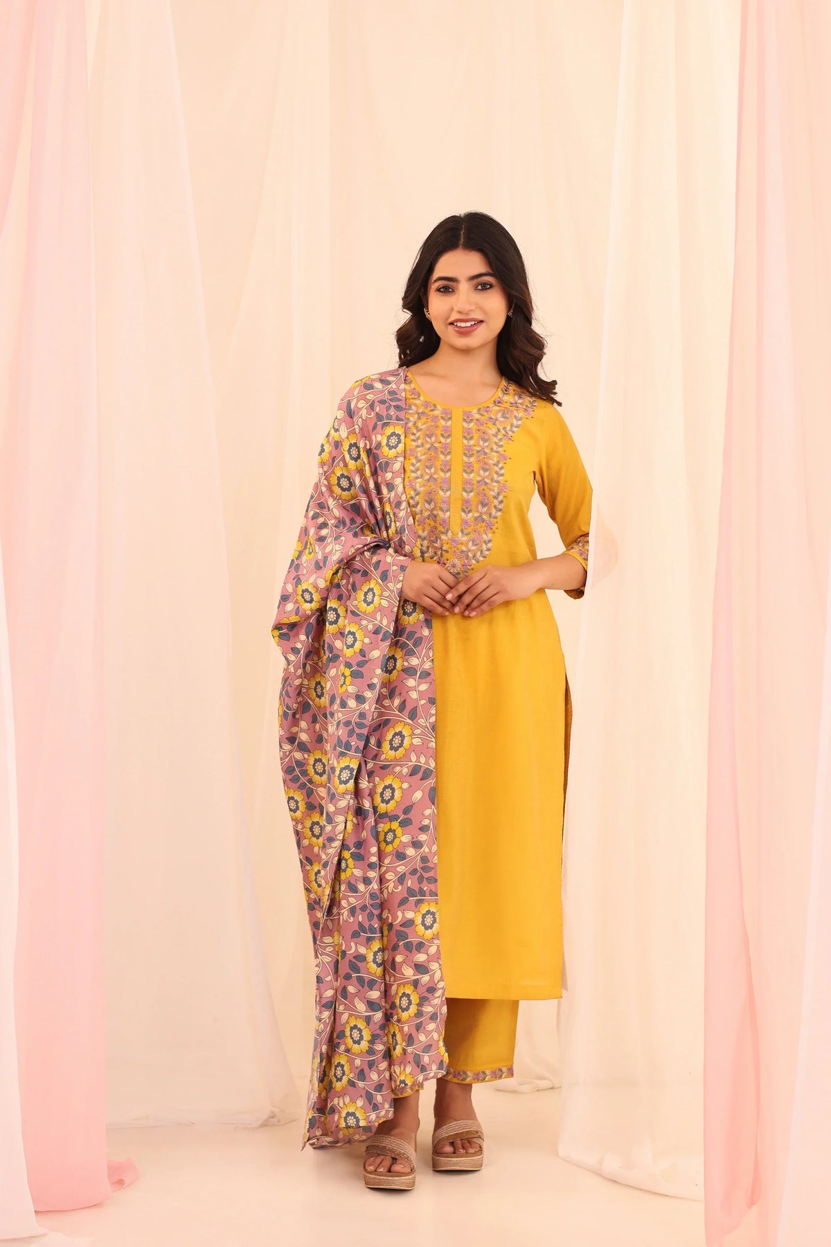 Women Golden Yellow shimmer-3pc-chikankari-embroidery-kurta-set-embellished-with-adda-work-highlights