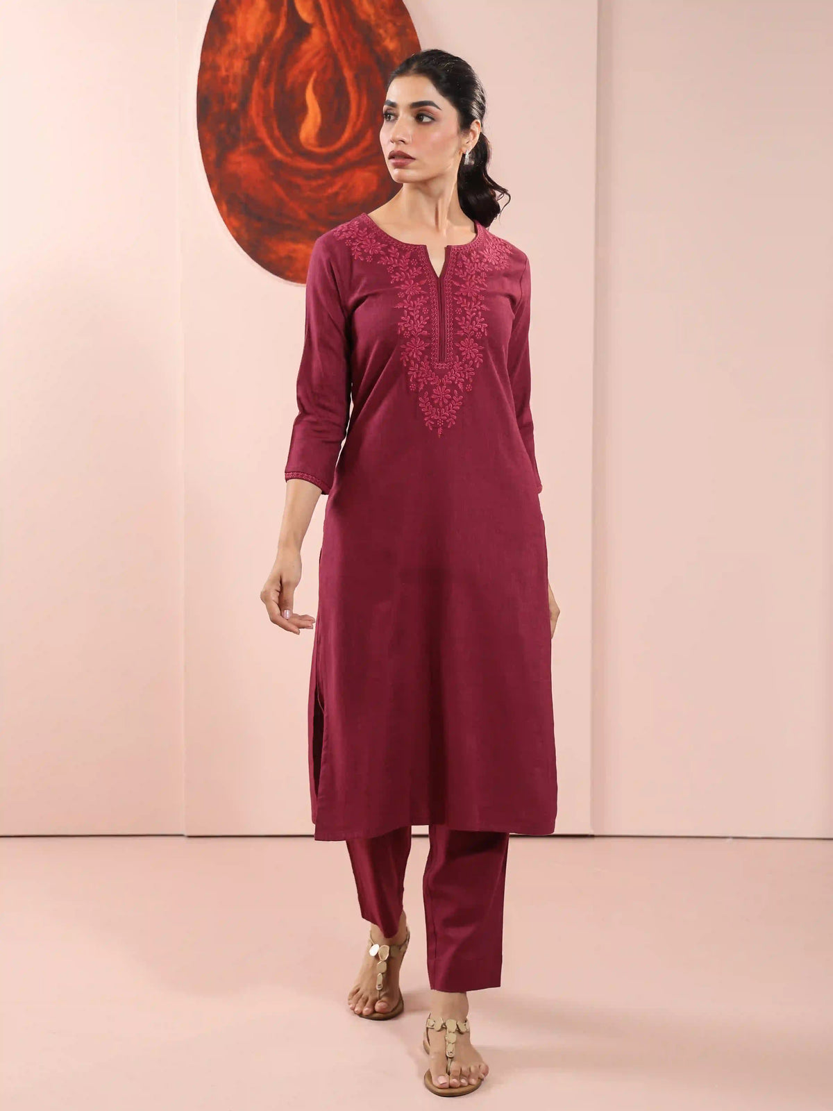 LINEN BLEND CHIKANKARI EMBROIDERY 2PC KURTA SET