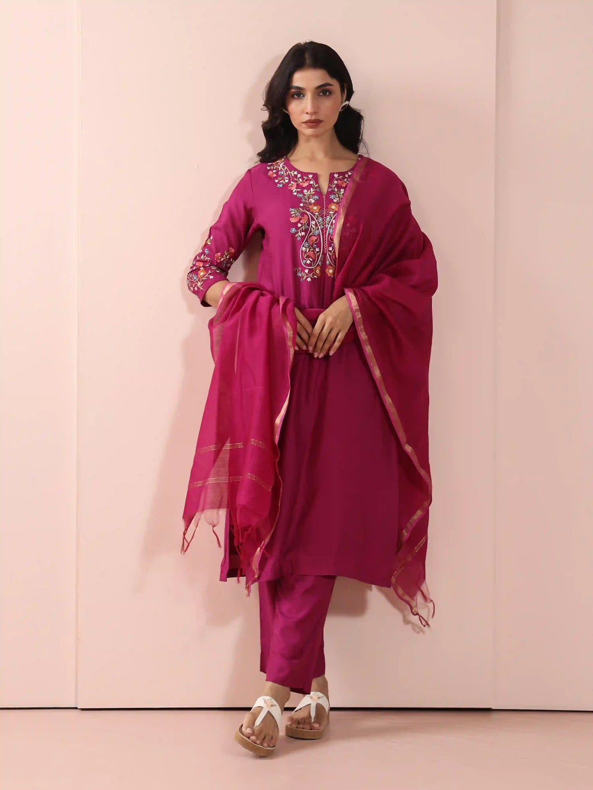 Muslin Silk 3PCS Kurta Pant Set with Embroidery