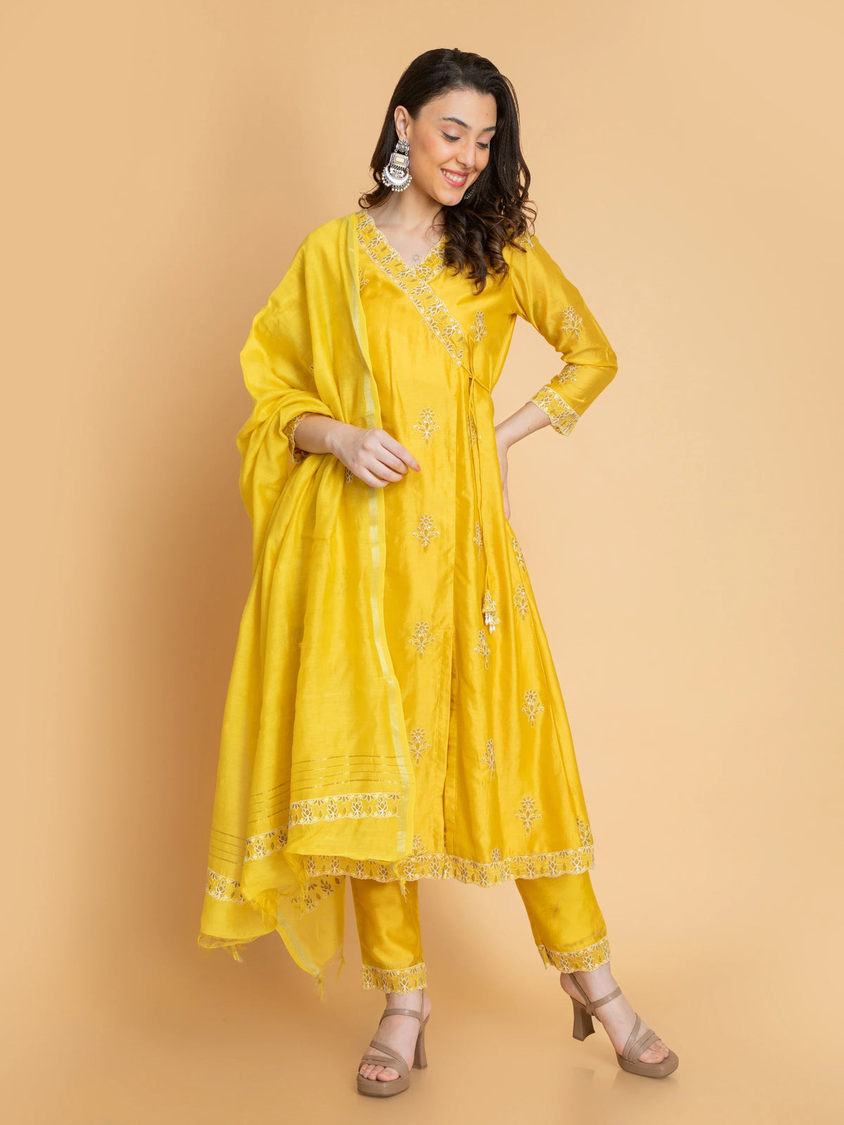 Women Yellow Color chikankari-embroidered-chanderi-3pc-angrakha-set-embellished-with-dori-latkan