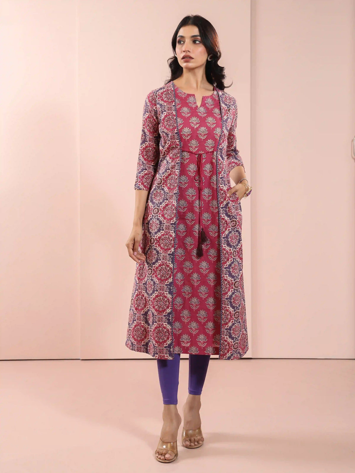 MUL COTTON AJRAK PRINTED SHRUG LOOK KURTI EMBELLISHED WITH ADDA WORK CRAFT