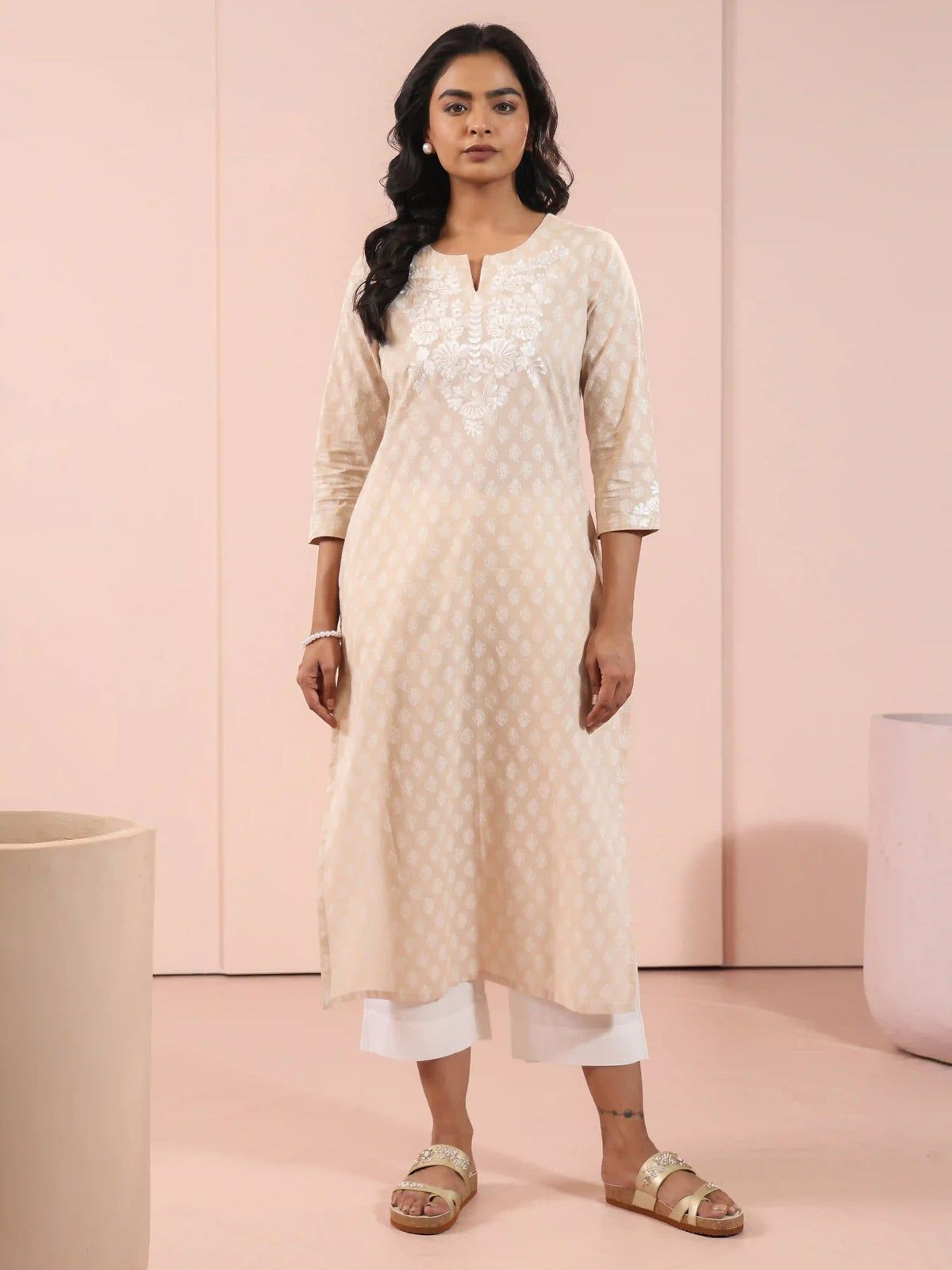 MUL COTTON KHADI PRINTED CHIKANKARI EMBROIDERY KURTI