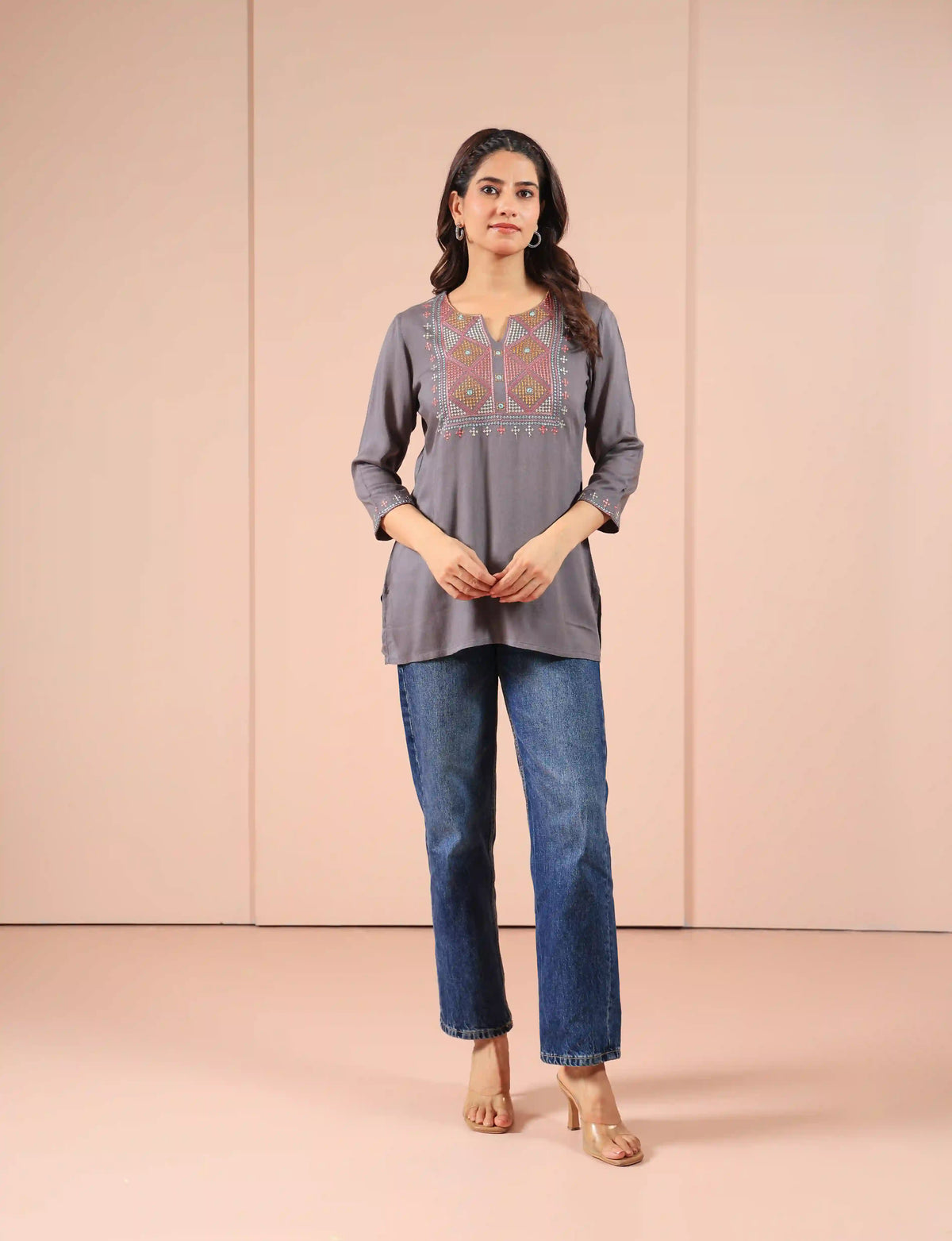 Women Steel Grey embroidered-short-top