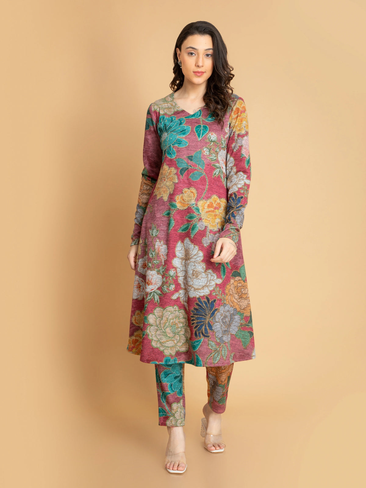 KARACHI DIGITAL FLORAL PRINTED 3PC ALINE SET DETAILED WITH ADDA WORK HIGHLIGHT