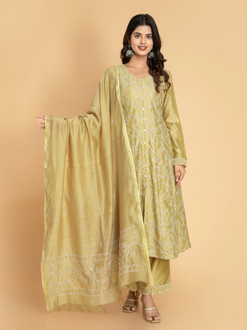 CHIKANKARI EMBROIDERY 3PC KALIDAR CHANDERI SUIT SET