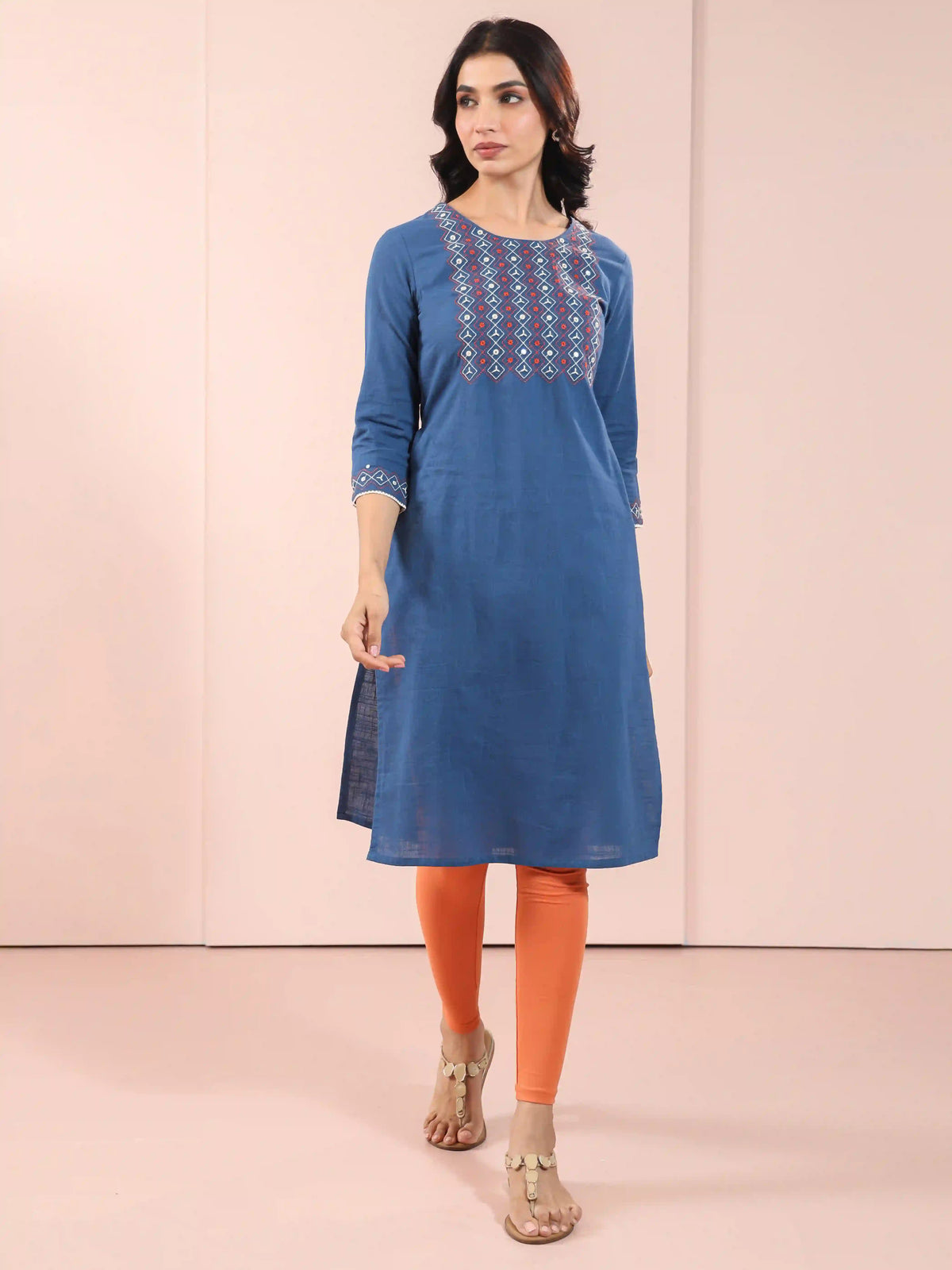 Women Blue knee-length-mirror-embroidered-kurti