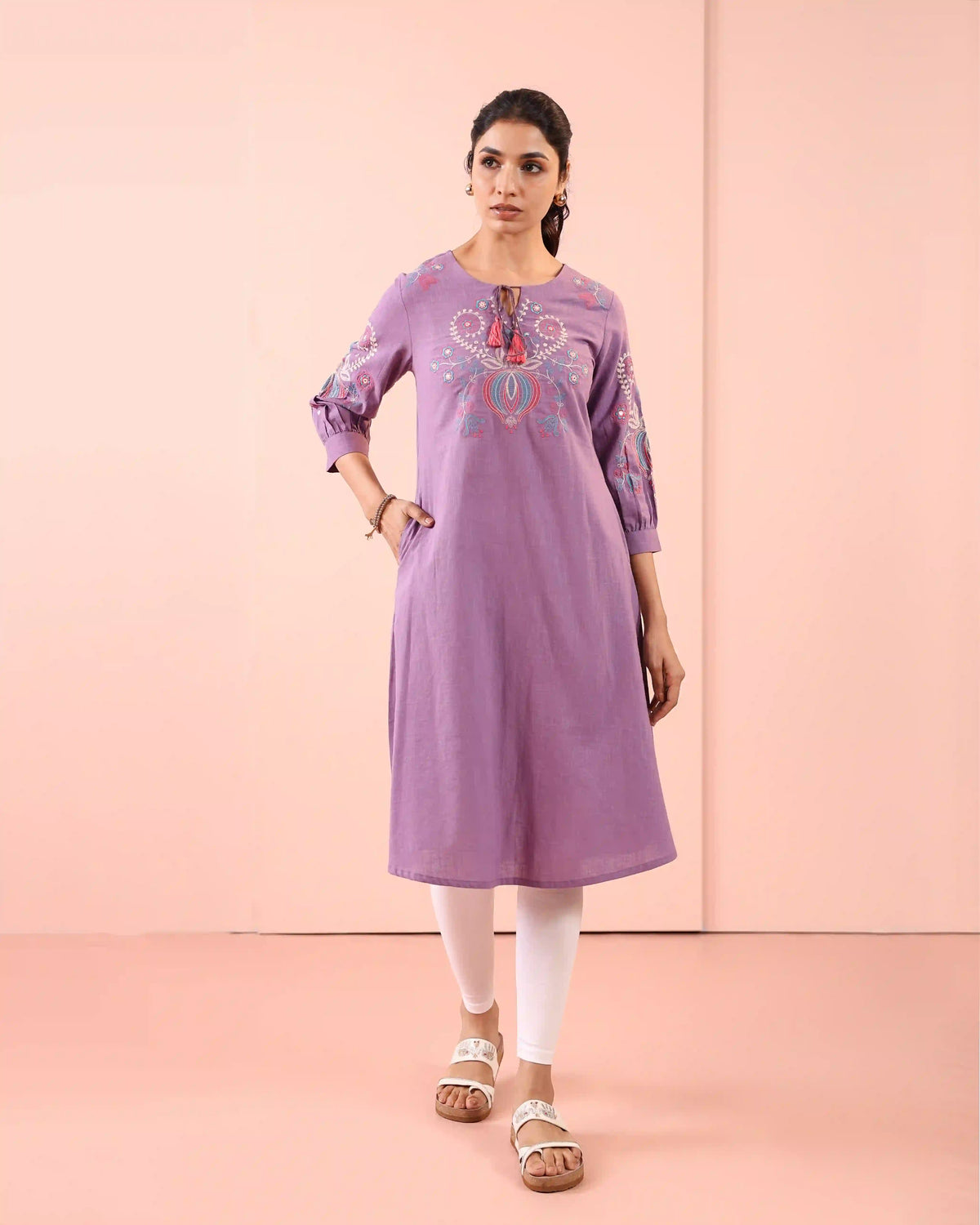 Women Lavender a-line-2pc-kurta-set-detailed-with-craft-embroidered-dori-latkan