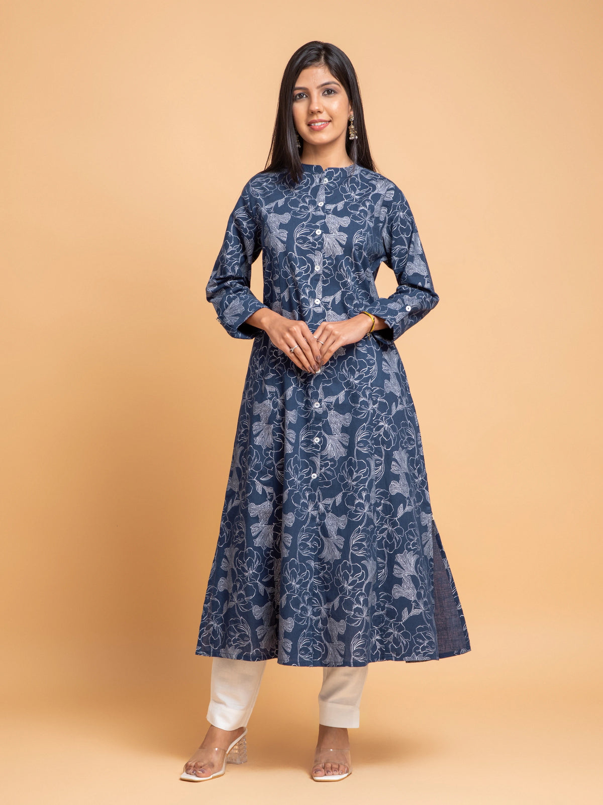 SILVER FLORAL PRINTED A-LINE PRINCESS CUT KURTI