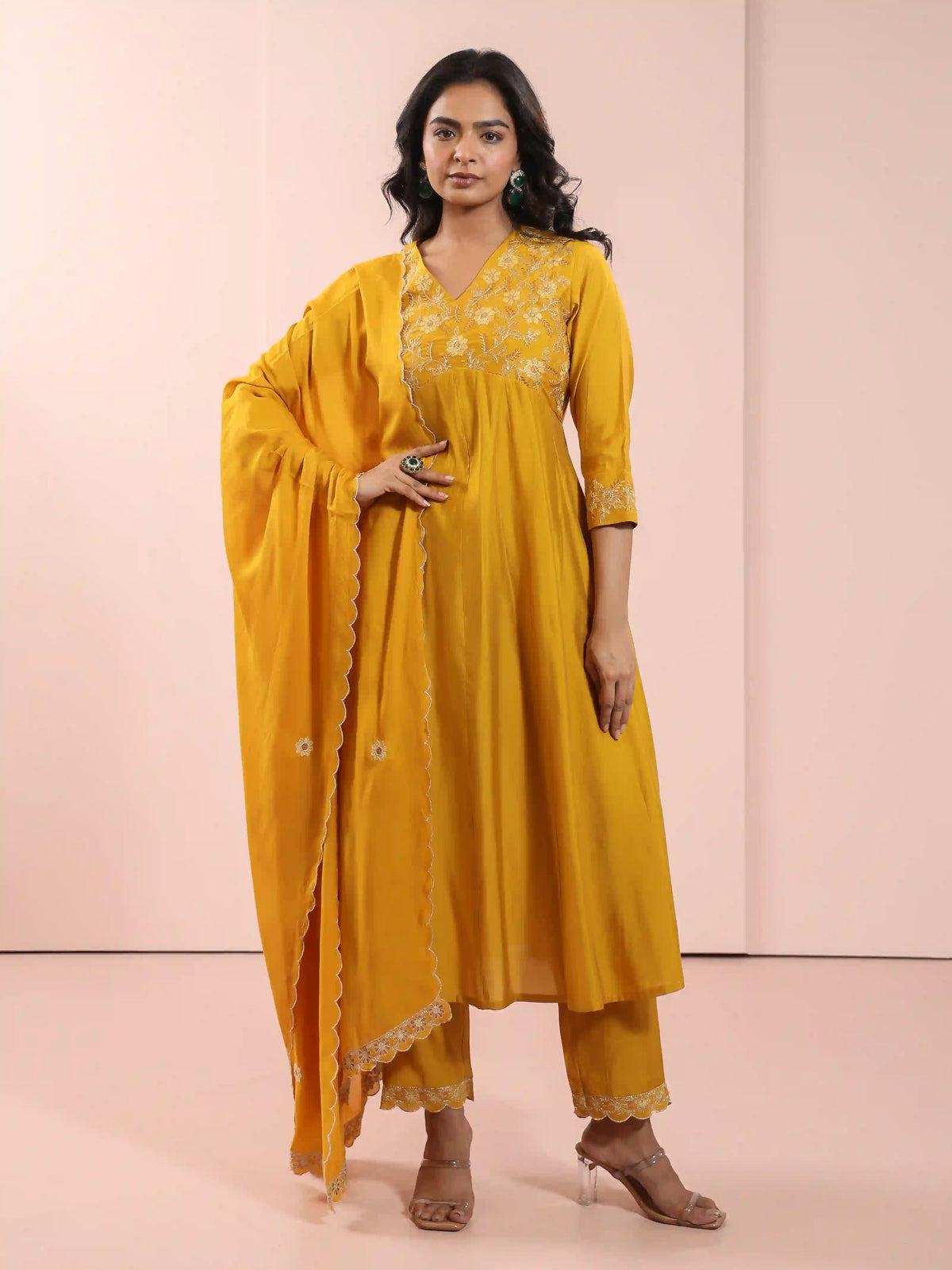 Women Bright Mustard chikankari-embroidered-3pc-alia-cut-kalidar-kurta-set