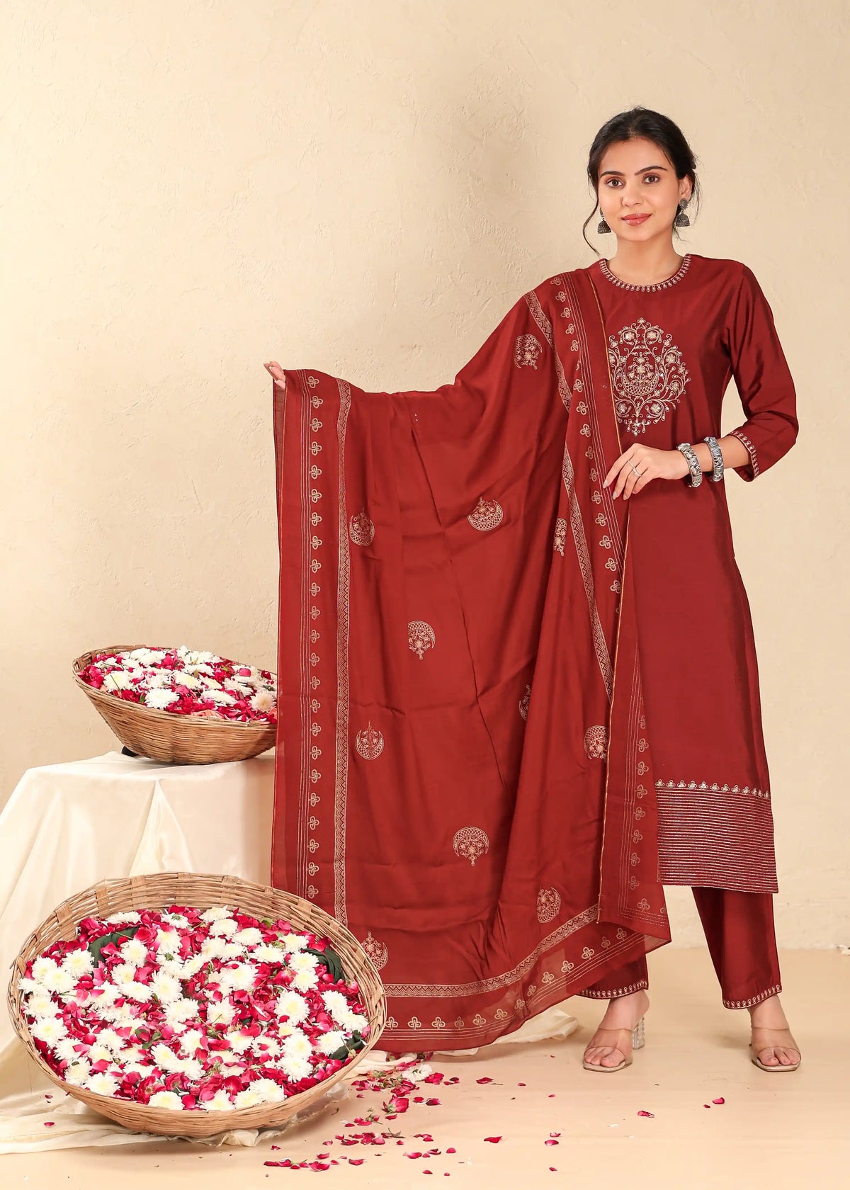 Women Maroon Red 3pc-placement-embroidery-kurta-set