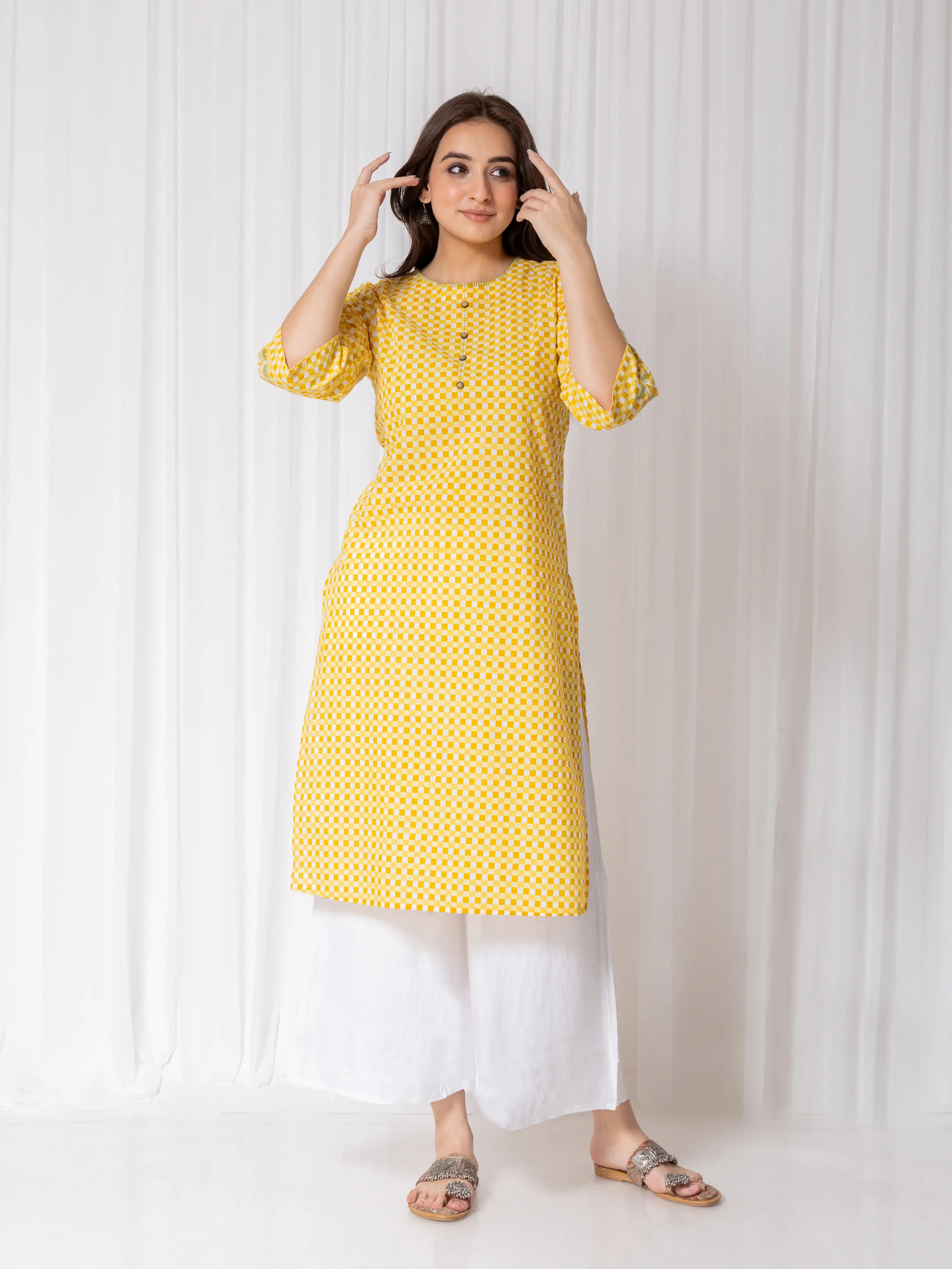 CHECKS PRINT EMBROIDERED STRAIGHT KURTI