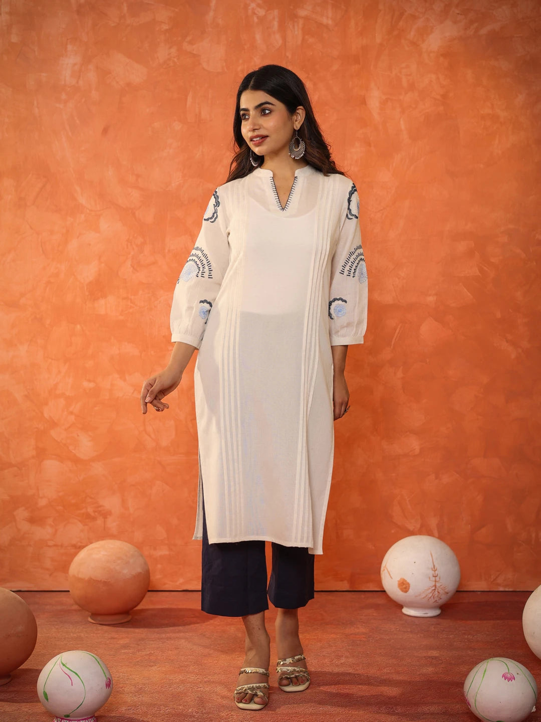 LINEN BLEND PINTUCK EMBROIDERED KURTA