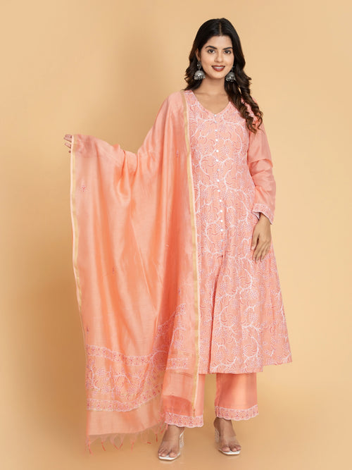 CHIKANKARI EMBROIDERY 3PC KALIDAR CHANDERI SUIT SET