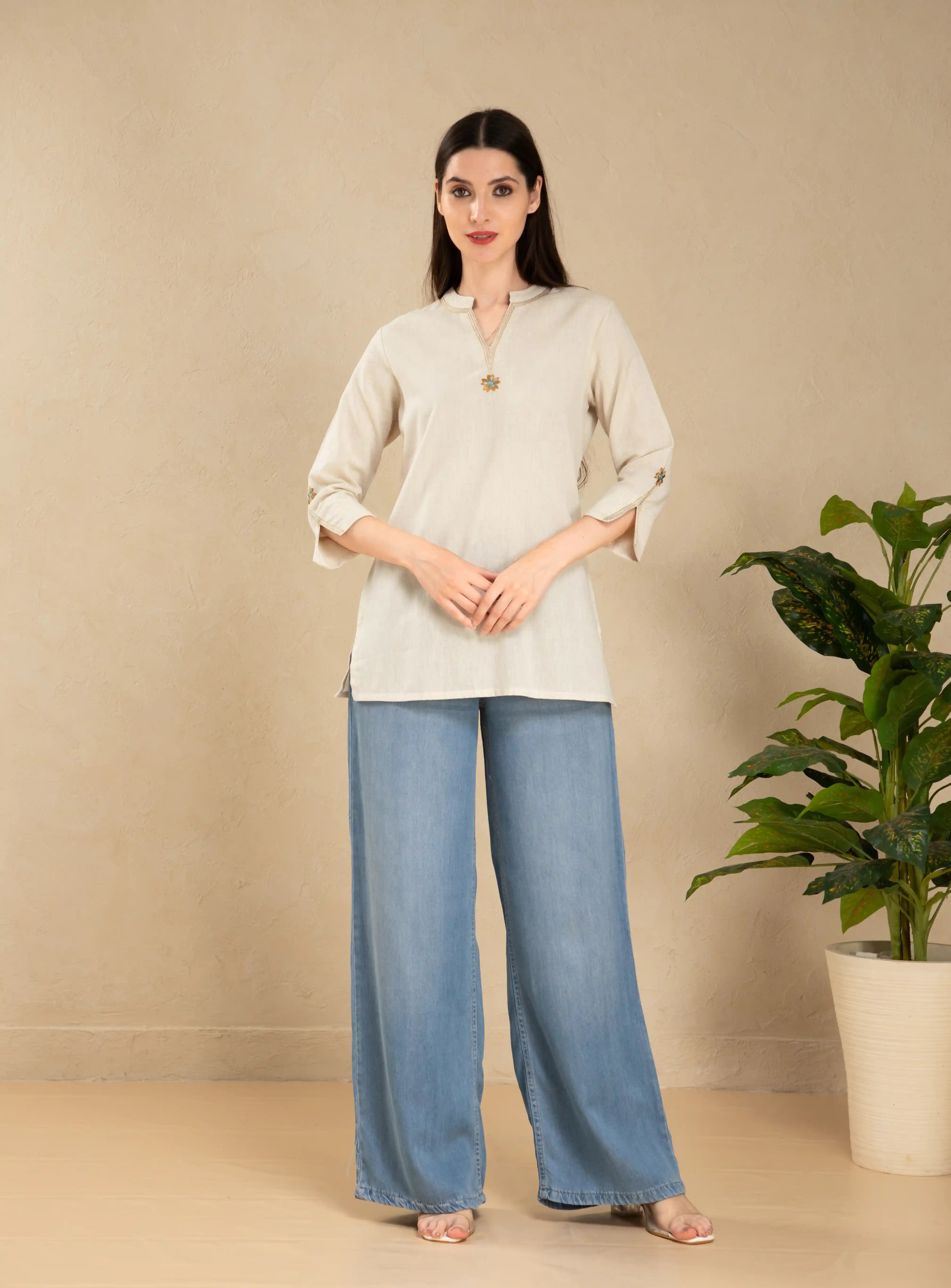 women Natural Color linen-blend-craft-embroidered-short-top