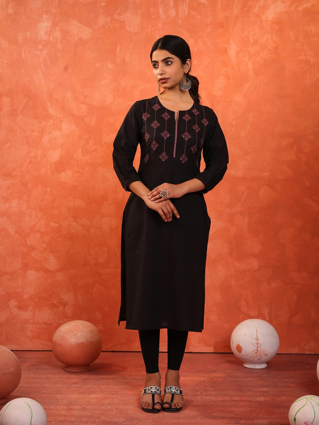 COTTON SLUB EMBROIDERED KURTI WITH SEQUENCE HIGHLIGHT