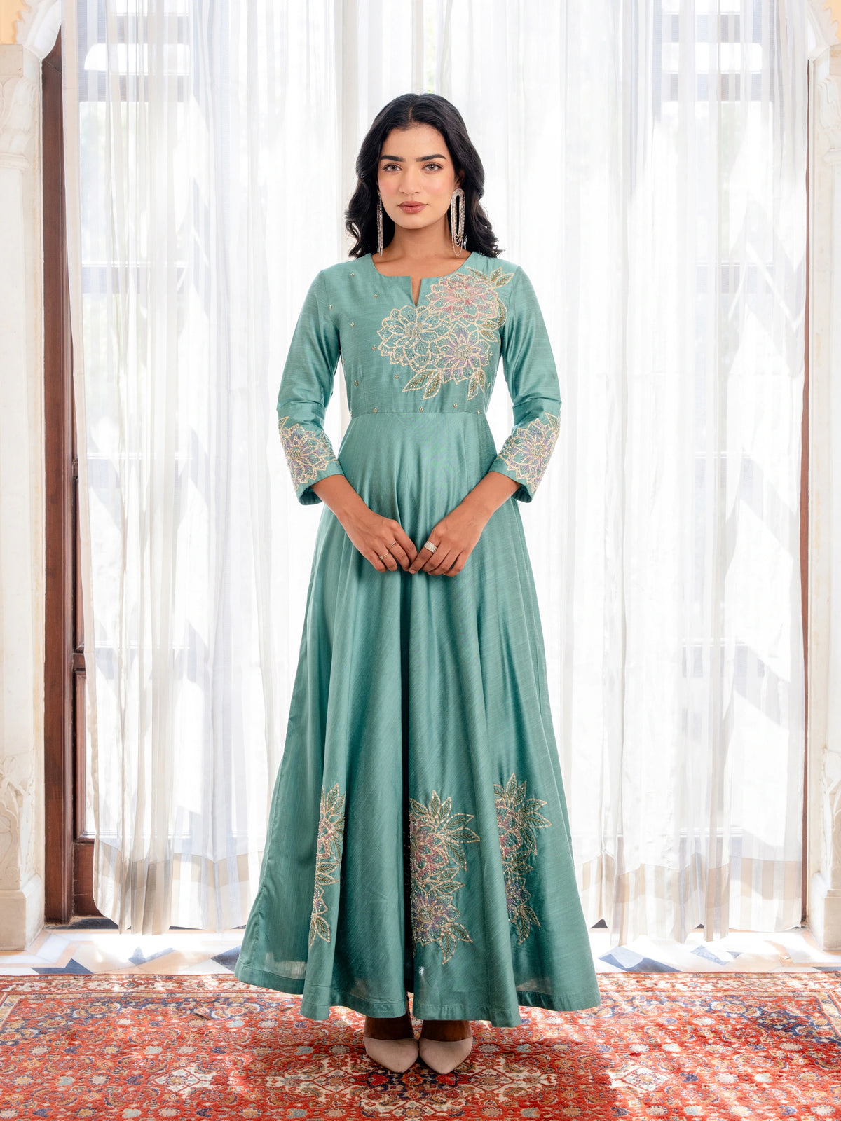 Green Embroidered Gota Lace and Cutdana Work Gown Dress