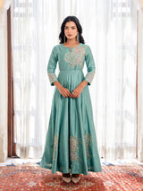 Green Embroidered Gota Lace and Cutdana Work Gown Dress