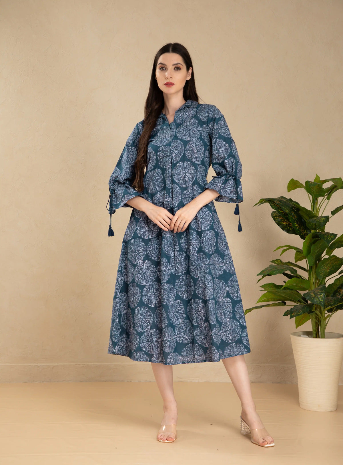 Women Blue mul-cotton-indigo-printed-flaired-dress-embellished-with-dori-latkan