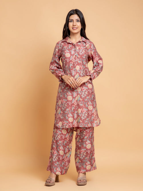 FLORAL PRINTED 2PC CO-ORD SET DETAILED WITH ADDA WORK CRAFT BUTTONS