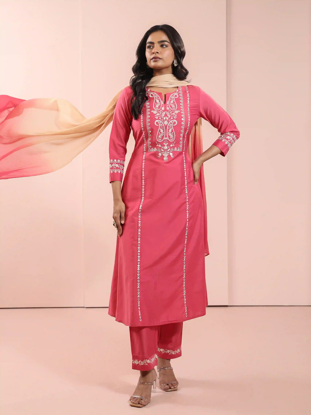 MIRROR EMBROIDERED 3PC FLAIRED KURTA SET PAIRED WITH CHIFON OMBREY DUPATTA