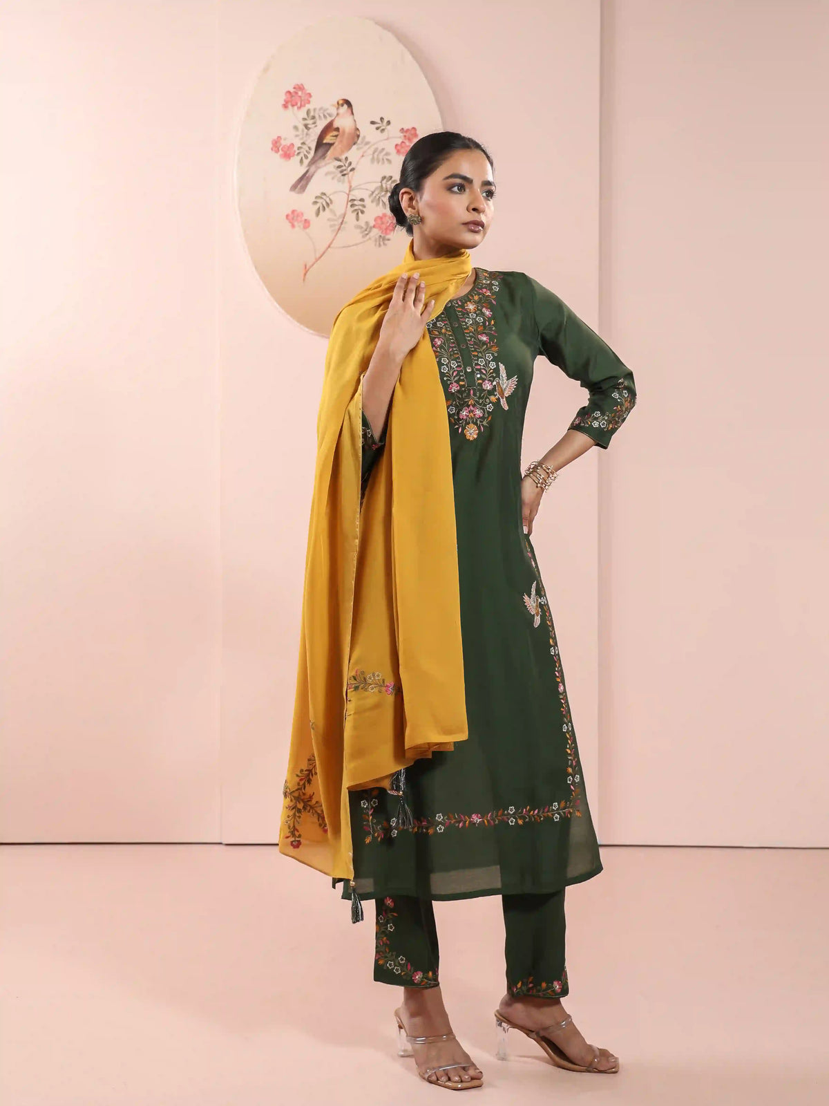 Women Green silk-base-beautiful-embroidery-3pc-kurta-set-with-sequence-details