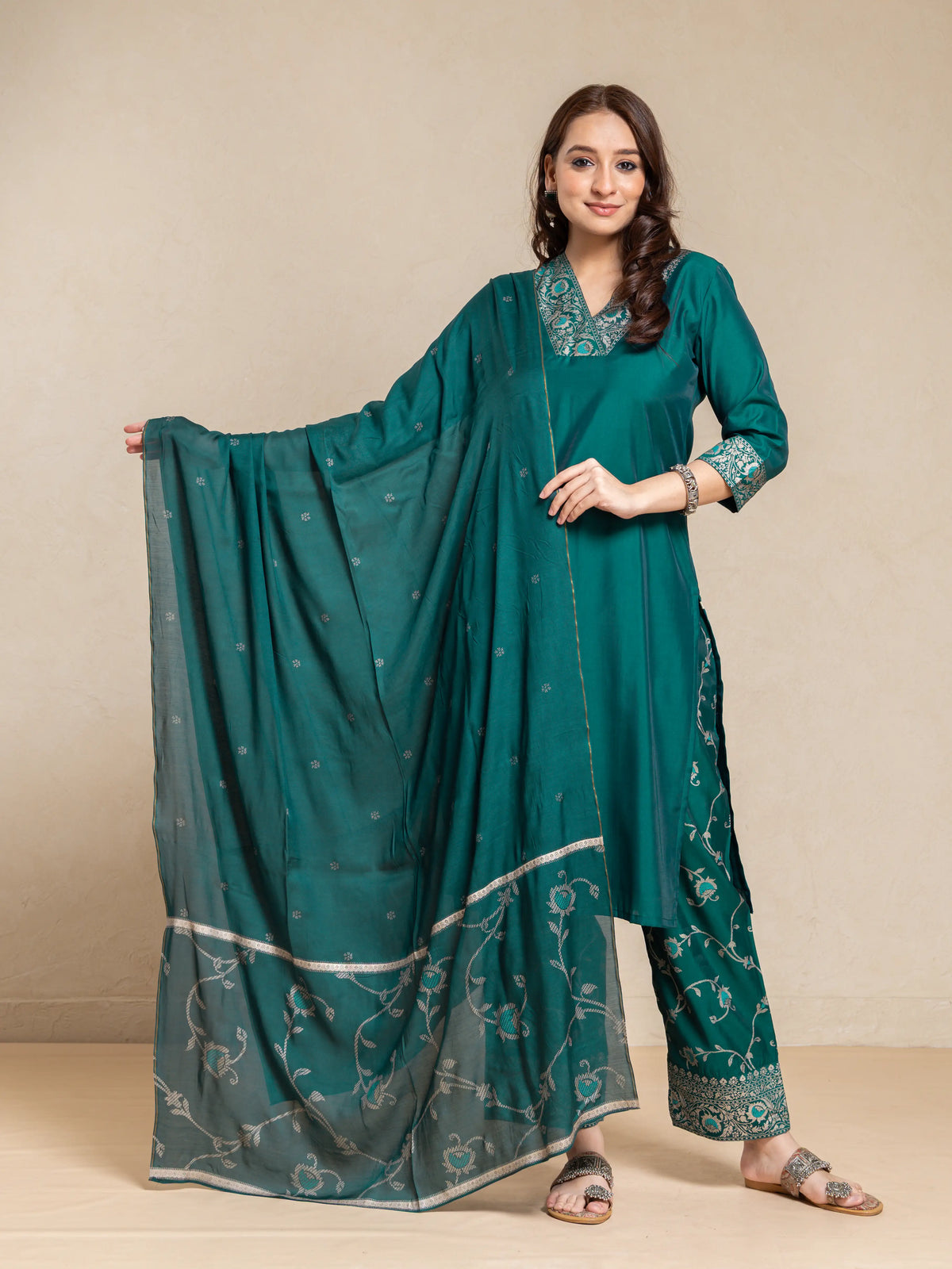 SILK BASE 3PC BROCADE GOLD PRINTED KURTA SET WITH SCALLOPED EMBROIDERY