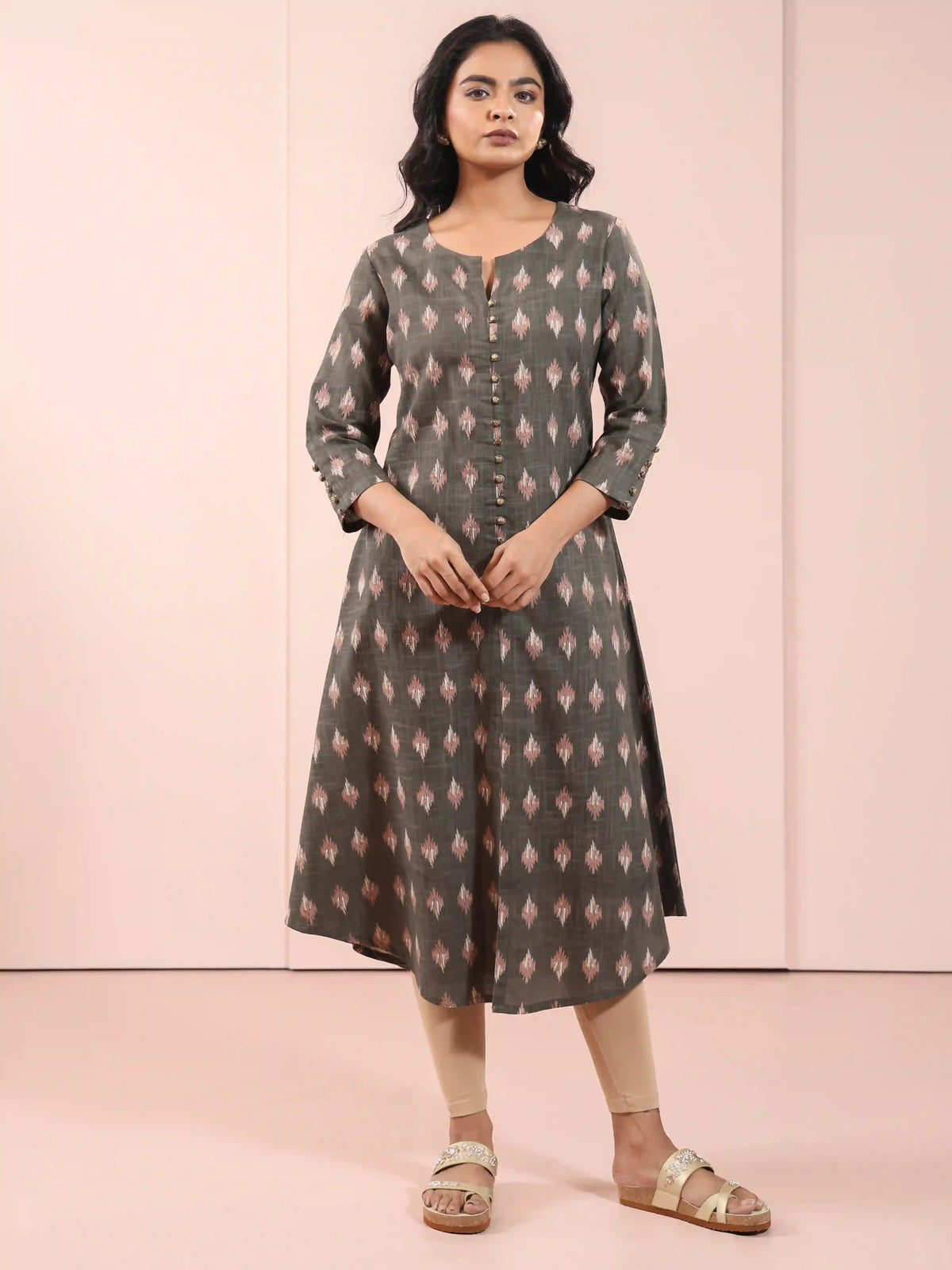 Women Duck Green ikkat-printed-aline-kurti-embellished-with-button-details