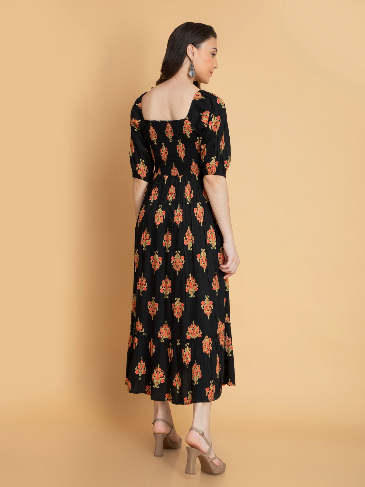 LONG FLAIRED SMOCKING DRESS