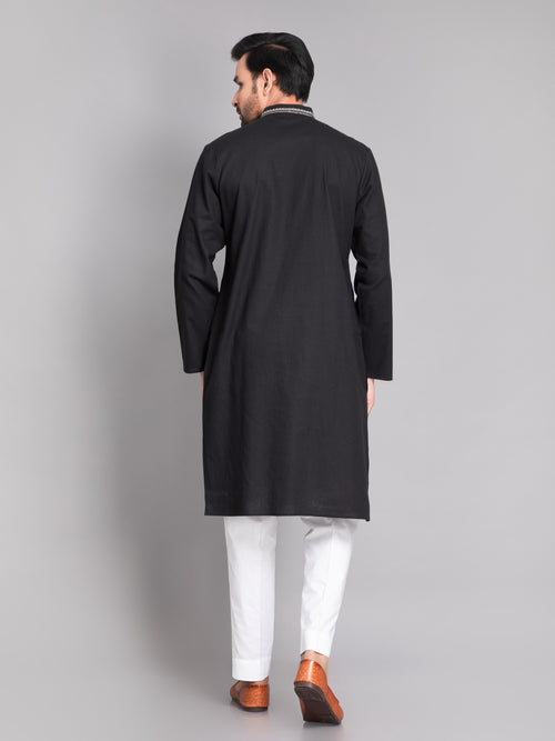 SUTI MEN'S BLACK COTTON LINEN EMBROIDERED KURTA