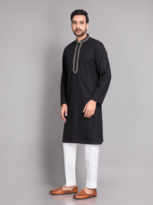 SUTI MEN'S BLACK COTTON LINEN EMBROIDERED KURTA