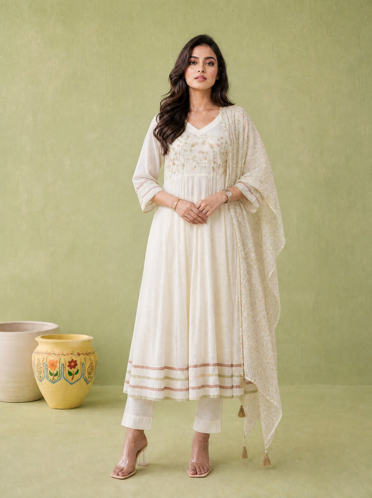 Off White Cotton Dobby Flared 3 Pcs Kurta Set with Jaal Embroidery