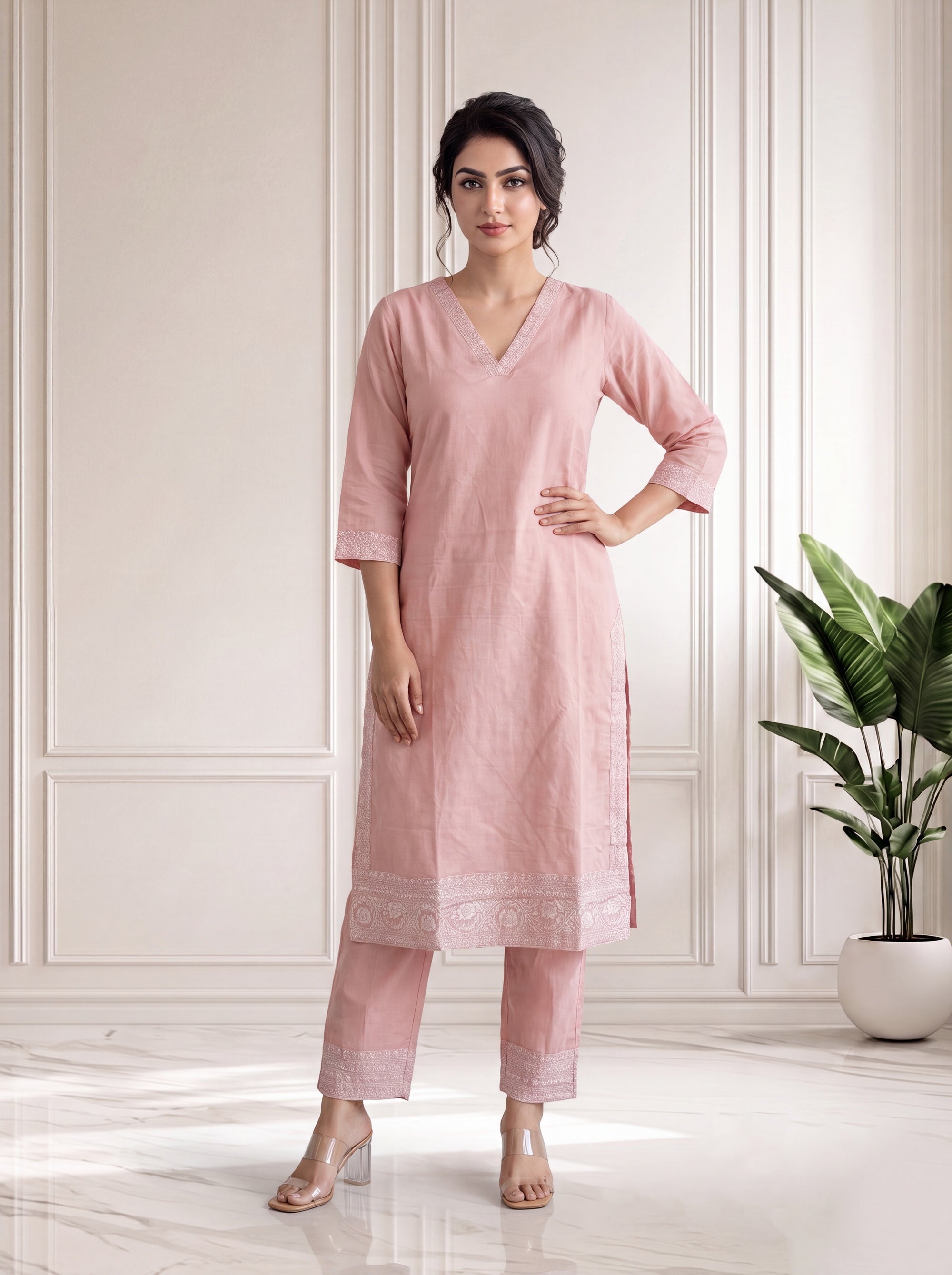 Dusty Pink 2 Pcs Kurta Set in Mul Cotton