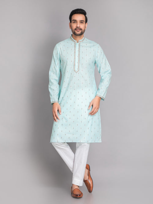 Suti Mens Aqua Blue Cotton Regular Fit Long Kurta