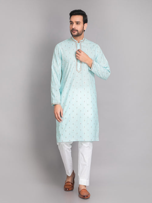 Suti Mens Aqua Blue Cotton Regular Fit Long Kurta