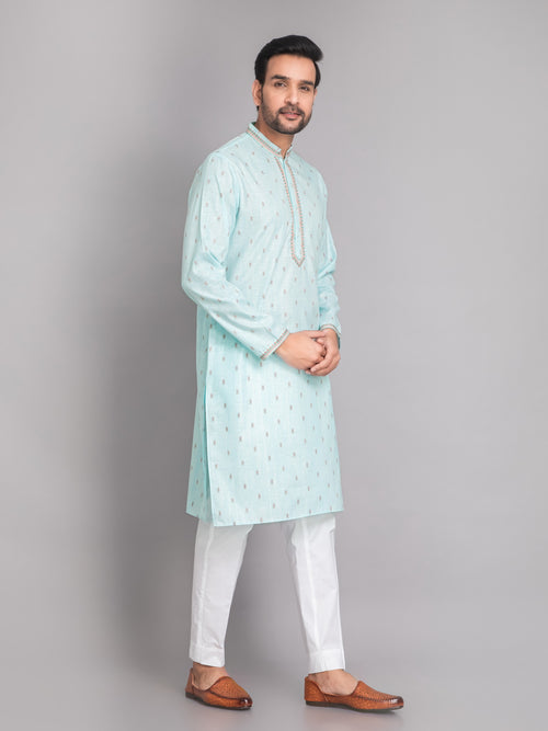 Suti Mens Aqua Blue Cotton Regular Fit Long Kurta