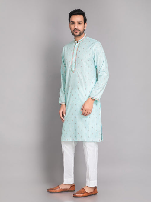 Suti Mens Aqua Blue Cotton Regular Fit Long Kurta