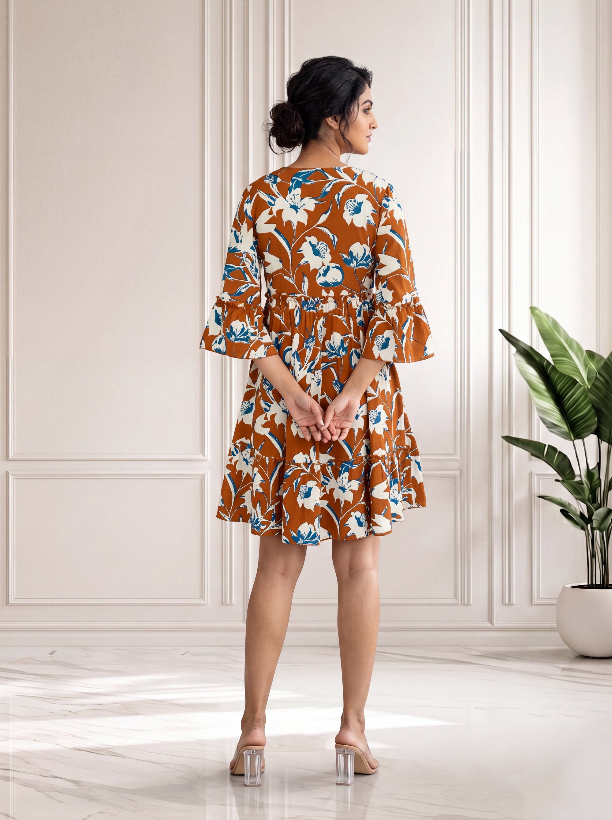 Amber Brown Floral Print Rayon V Neck Flared Dresses