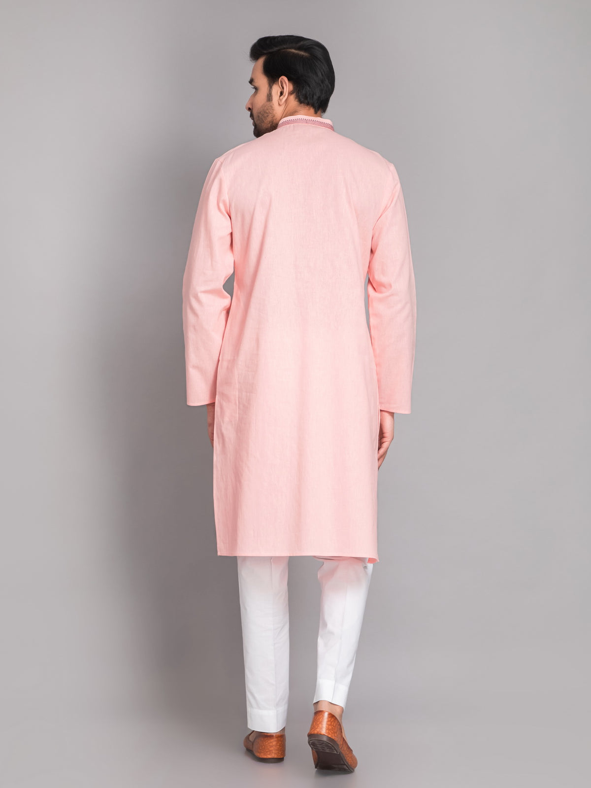 Suti Mens Pink Cotton Linen Neckline Embroidered Regular Fit Long Kurta