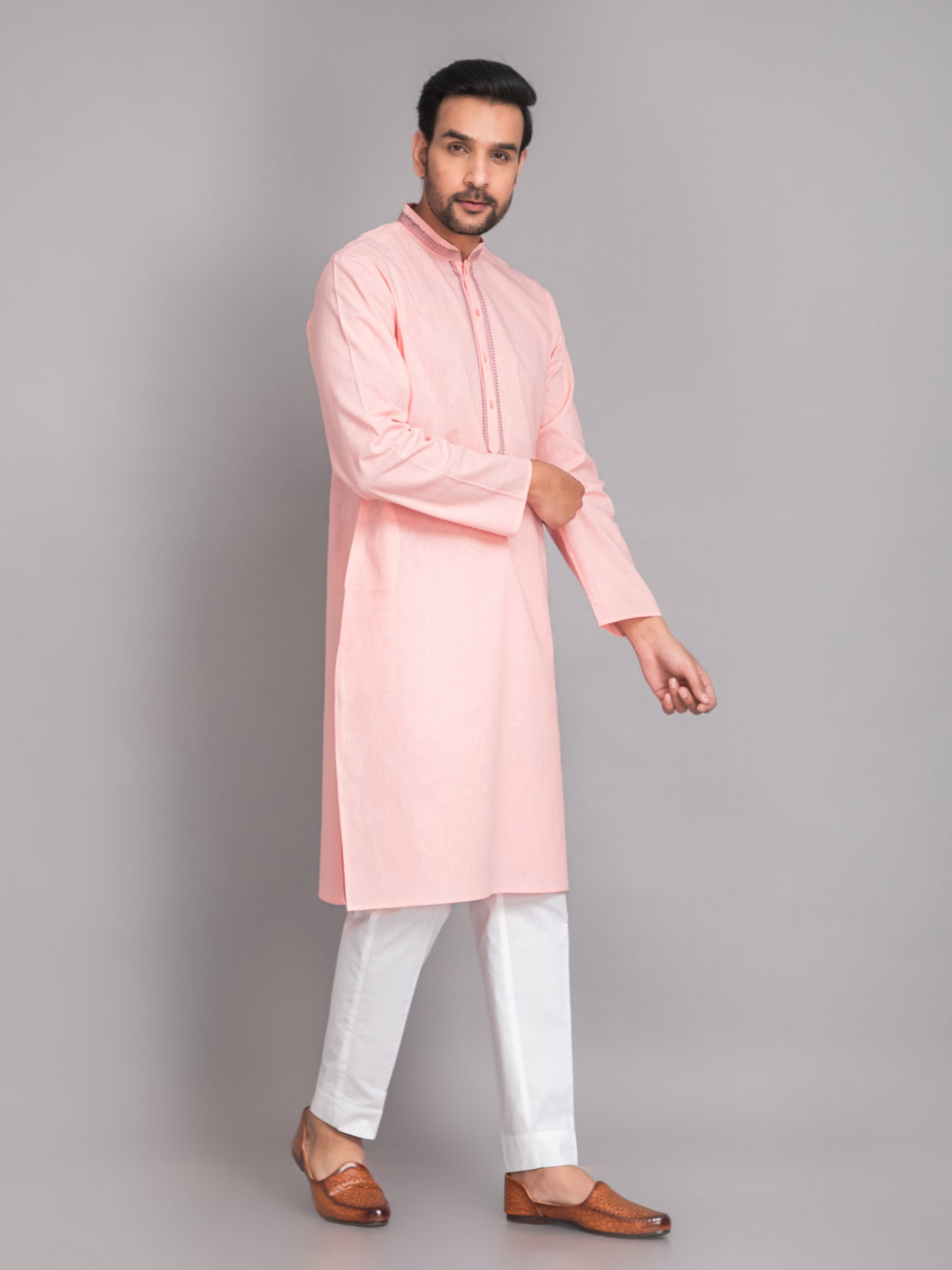 Suti Mens Pink Cotton Linen Neckline Embroidered Regular Fit Long Kurta